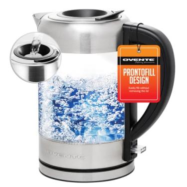 Imagem de OVENTE Chaleira elétrica com vidro borossilicato de 1,7 L, caldeira de água instantânea de 1500 W e aquecedor para café ou chá, sem BPA, tampa fácil de encher, desligamento automático e proteção