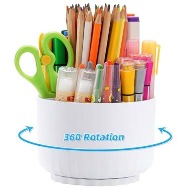 Imagem de Marbrasse Porta-lápis giratório de 360 graus, organizador de mesa com 5 compartimentos, caixa de armazenamento de suprimentos de arte para escritório, casa (branco)