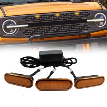 Imagem de JINCHEN 3 peças de luzes LED dianteiras para churrasqueira Bronco 2021 2022 2023 2024 2/4 portas, lâmpadas de grade frontal âmbar com fusível e chicote de fiação