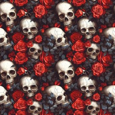 Imagem de Papel de parede rosa vermelha de 45 x 300 cm, papel de parede de caveira floral, boho açúcar, crânio, preto, preto, floral, papel de parede para gaveta, armário de Halloween, decoração de parede de