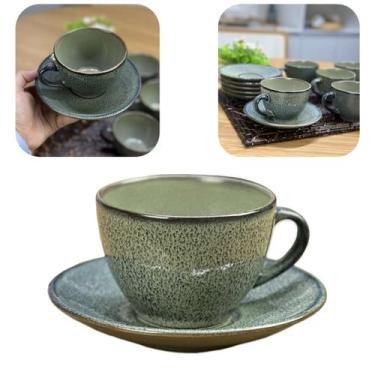 Imagem de Xícara De Chá Cerâmica Com Pires 217ml Verde Musgo Musk Luxo Wolff