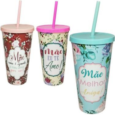 Imagem de Copo com tampa e canudo de plastico frases mae 600ml - INTERPONTE