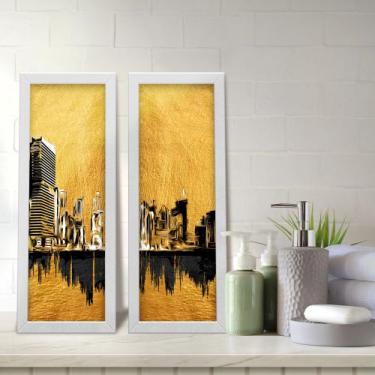 Imagem de Kit 2 Quadros Decorativos Lavabo Cidade Dourado e Preto Moderno Elegan