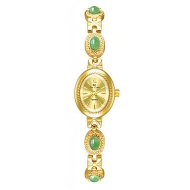 Imagem de FANMIS Relógios femininos dourados com pulseira pequena vintage elegante jade mostrador oval relógio de pulso moderno relógio de pulso de quartzo à prova d'água, B, ouro, ouro, Clássico