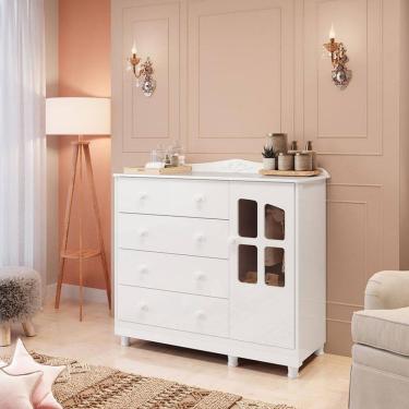 Imagem de Cômoda Infantil 4 Gavetas 1 Porta com Janela 100 MDF Elo Móveis Peroba