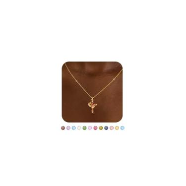 Imagem de GODKISS Colar de cruz para mulheres, delicado colar de pedra do mês de nascimento com cruz de esmeralda com coroa, moderno, banhado a ouro 14K, colar com pingente de zircônia cúbica simples e fofo