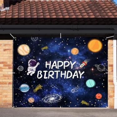 Imagem de Espaço Feliz Aniversário Garagem Porta Cobertura Banner Decorações Pano de Fundo 2,1 x 2,4 m Galaxy Star Astronauta Foguete Garagem Porta Fundo Exterior Tema Espaço Exterior Decoração Festa de