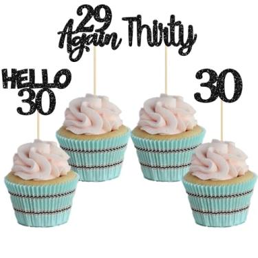 Imagem de Gyufise 24 peças de enfeites de cupcake de aniversário de 30 anos com glitter preto Hello 30 decorações de bolo Again 29 palitos de cupcake para decoração de bolo de 30 anos