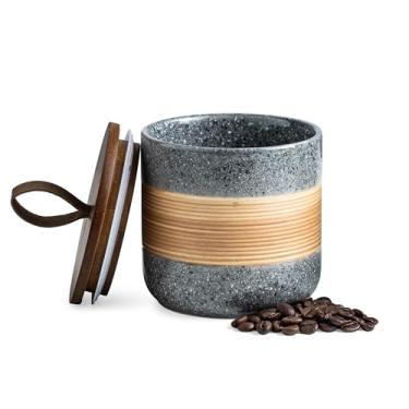 Imagem de Miamolo Jarra de cerâmica com tampa hermética, recipiente de café, potes de armazenamento de alimentos para saquinho de chá de açúcar e especiarias, potes decorativos empilháveis para bancada, cinza e
