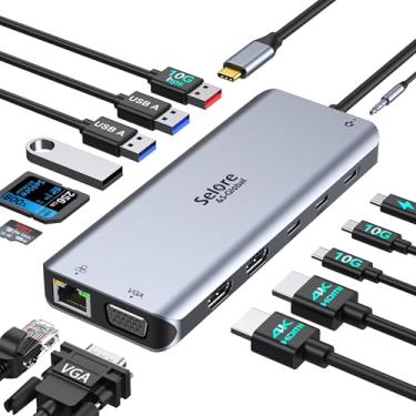 Imagem de Estação de ancoragem Selore USB C Dual Monitor, estação de ancoragem para laptop, estação de ancoragem 14 em 1, 3 monitores com 2 HDMI, VGA, 10G USB A/C, 100W PD, 6 portas USB A/C, adaptador