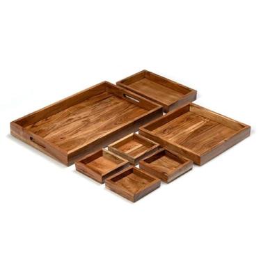 Imagem de WEBHUSHI Conjunto de 7 bandejas decorativas de madeira de acácia com alças para servir para comida, charcutaria, mesa de centro otomana, bancada, retangular, quadrada, vários tamanhos