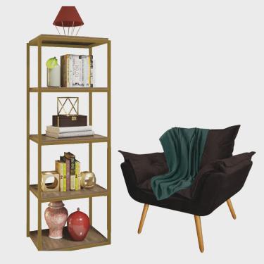 Imagem de Kit Poltrona Fatte com Manta Soft Verde e Estante Livreiro Ferro Dourado mdf Caramelo Suede Marrom - Ahz Móveis