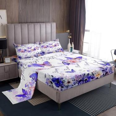 Imagem de Jogo de lençol solteiro com flor de borboleta, planta de jardim roxo, para crianças, adolescentes, com 1 lençol de cima e 1 lençol com elástico e 1 fronha