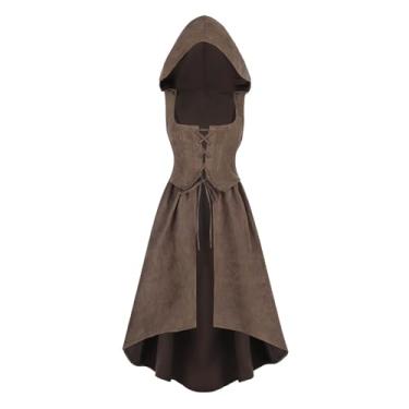 Imagem de Nuoqi Fantasia renascentista feminina pirata camponesa espartilho com capuz e bolsos, Marrom, G