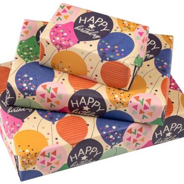 Imagem de WRAPAHOLIC Folha de papel de embrulho de aniversário Kraft - 6 folhas de balão colorido dobrado com design de confetes para aniversário, chá de bebê, festa, feriado - 40 cm x 70 cm por folha