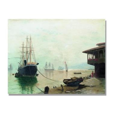 Imagem de Lev Lagorio Prints. Pintura de arte de parede paisagem marítima. Pôster de reprodução de impressões em tela de paisagem para decoração de casa. (veleiro no porto 2). Somente tela de 70 x 90 cm - 27,6