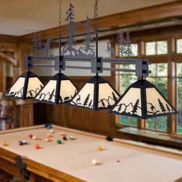 Imagem de TOCHIC 4 Luzes De Mesa De Bilhar, Lustre Rústico De Sala De Jantar De Fazenda De 62 Polegadas, Luminária Pendente De Ilha Suspensa Com Cena De Floresta Para Sala De Jogos, Caverna Do Homem, Cozinha
