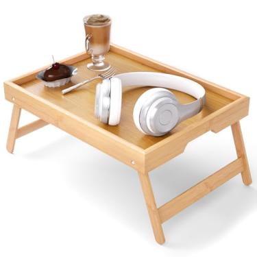 Imagem de Bandeja de cama de bambu com pernas dobráveis, bandeja de café da manhã, mesa de laptop leve para comer, ler, trabalhar na cama ou sofá – mesa de colo portátil com alças, perfeita para casa - natural