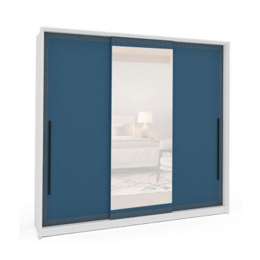 Imagem de Guarda-Roupa Casal com Espelho Valência 3 Portas 4 Gavetas Branco e Azul