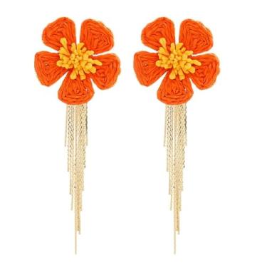 Imagem de Brinco floral de flor do Havaí para mulheres, brincos pendentes de franja dourada com franjas brilhantes, boho, ratã, ráfia, margarida, acessórios para férias de verão e praia, Medium, Ráfia, Sem