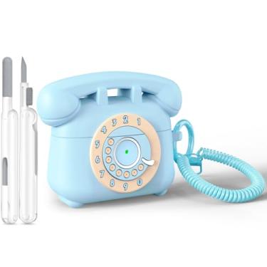 Imagem de AIRSPO Capa para Airpods Pro 2 com kit de limpeza, design retrô de telefone para AirPod Pro 2ª geração, capa protetora de silicone macio à prova de choque para Air Pods 2 capas fofas (azul celeste)