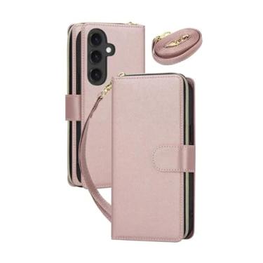 Imagem de HJZSZX Para Samsung A23 (4G 5G) Couro Zíper Carteira Cartão Telefone Capa Crossbody Cordão Flip Cover (Para Samsung A23 (4G 5G)/Ouro rosa)