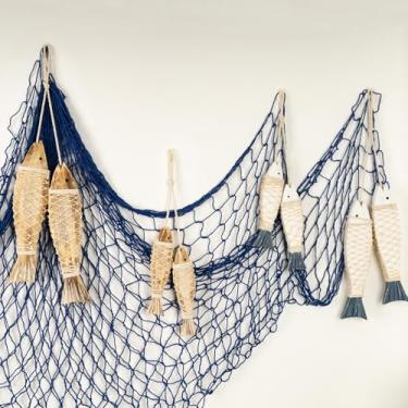 Imagem de Pacote com 8 enfeites de decoração de escultura de peixe em madeira antiga esculpida à mão com arrastão, arte de parede com tema de praia náutica de madeira, decorações de rede de pesca para festa DIY