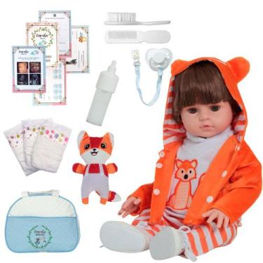Imagem de Boneco Reborn 100% Silicone Cabelo Castanho Roupa Raposa - Cegonha Reb
