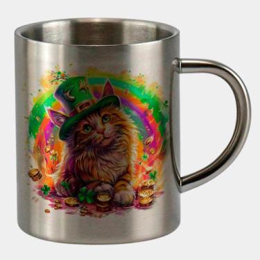Imagem de Caneca de Inox Premium Prateada 400ml GATINHO ST PATRICKS DAY ARCO IRI