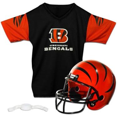 Imagem de Franklin Sports NFL Conjunto de capacete e camisa infantil – Fantasia de uniforme de futebol americano juvenil NFL – capacete, jérsei, chinstrap – juvenil M, Cincinnati Bengals, Small