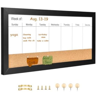 Imagem de Umtiti Quadro branco magnético semanal apagável a seco e placa de cortiça, moldura de madeira preta, quadro branco de superfície magnética para escritório doméstico e decoração de parede (ZHZL-3060BK)