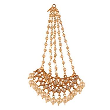 Imagem de Touchstone New Contemporary Kundan Collection Indian Bollywood Mughal Floral Kundan Look Faux Pearl Beads Broad Bridal Jewelry Maangtika e Jhumar em tom dourado para mulheres