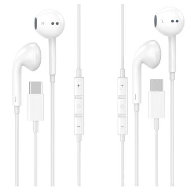 Imagem de Fones de ouvido USB C para iPhone 15, pacote com 2 fones de ouvido tipo C, fones de ouvido com cabo, estéreo HiFi intra-auricular USB C com microfone e controle de volume, compatível com iPhone 16/15
