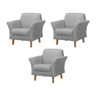 Imagem de Kit 3 Poltronas Retrô Pés Em Madeira Maciça Jamaica Linho Cinza - Cinza
