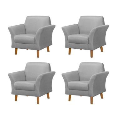 Imagem de Kit 4 Poltronas Retrô Pés Em Madeira Maciça Jamaica Linho Cinza - Cinza