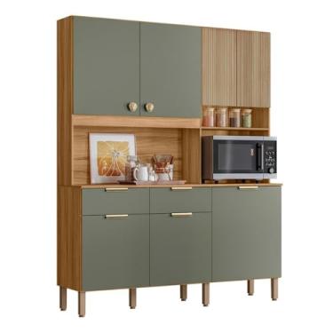 Imagem de Armario Cozinha Compacta Tropical 160cm 7 Portas e 2 Gavetas Freijo/verde/ripado