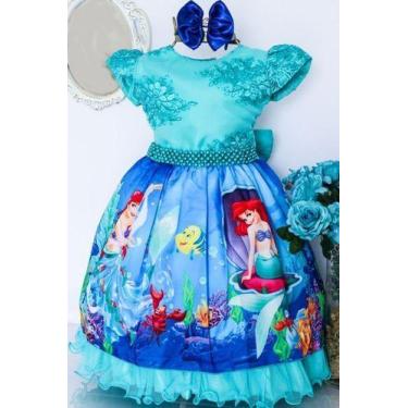 Imagem de Vestido Pequena Sereia Verde Infantil Temático Ariel - festa luxo, Azu