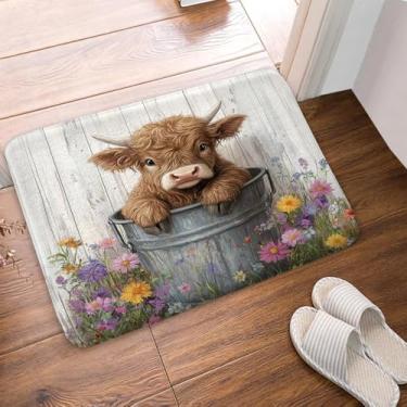 Imagem de Sokdcam Farmhouse Highland Tapete de banho de vaca para banheiro, tapete de banheiro rústico fofo touro de vaca antiderrapante, tapete de banho engraçado de gado ocidental tapete de banheiro de