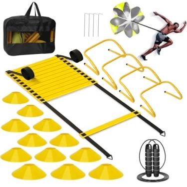 Imagem de YGORTECH Escada de agilidade, conjunto de equipamentos de treinamento de futebol, 4 obstáculos de agilidade, escada de velocidade de 6 metros, pára-quedas de corrida, 12 cones de futebol, corda de