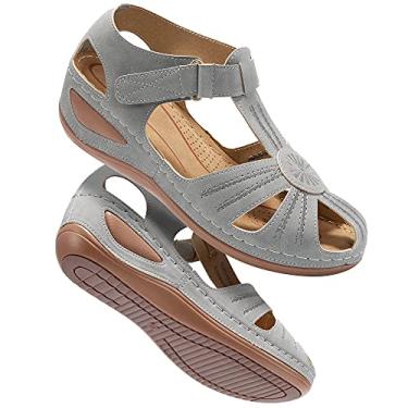 Imagem de DUOYANGJIASHA Sandálias femininas de verão, sandálias anabela de praia, estilo boêmio, tira no tornozelo, casual, bico redondo, gladiador, sapatos para uso ao ar livre, Cinza, 7.5