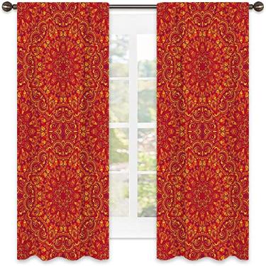 Imagem de Cortinas blecaute mandala vermelha com bolso para varão, design estilo mandala, tecido impermeável, cortinas blackout com absorção de som para sala de jantar/decoração de festa, L 182 x C 213 cm