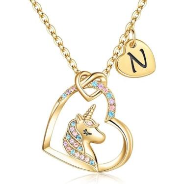Imagem de Unicorn Necklace Gifts for Girls Daughter - Colorful Heart Pendant Initial Unicorn Necklaces for Girl Teens Little Girls Jewelry Birthday Gift (N)