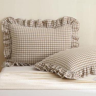 Imagem de Aryeleay Pacote com 2 fronhas de travesseiro xadrez xadrez branco acastanhado com babados tamanho padrão 66 x 50 cm, 100% algodão lavado, capas de almofada quadriculadas para cama/sofá (51 x 66 cm