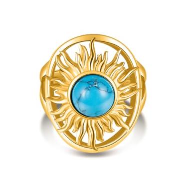 Imagem de Joliernelle Anel de sol de ouro 18K com lápis/opala/pedra da lua/ágata/turquesa anel feminino, Metal, Turquesa