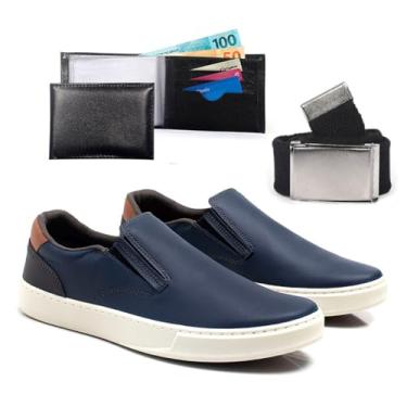 Imagem de Kit Tenis Casual Iate Masculino Com Carteira Resistente Sapatenis Confortavel Leve Macio Dia A Dia Slip On (Azul marinho, BR, Adulto, Numérico, 41)