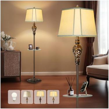 Imagem de LuxSight Collection Luminária De Piso Rústica Para Sala Estar Com Luz Noturna E Bandeja Vidro, Abajur Vintage Pé Em Seda Sintética Bege, Estilo Fazenda, Quarto Alto, Estudo, Casa, Escritório, Bar Ho