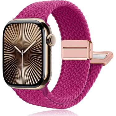 Imagem de Pulseiras de relógio esportivas de nylon compatíveis com Apple Watch Ultra 2 1 de 49 mm, 46 mm, 45 mm, 44 mm e 42 mm, pulseira magnética trançada macia para mulheres e homens séries 10/9/8/7/6/5/4/3