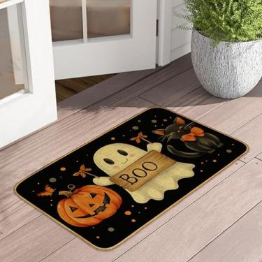 Imagem de Capacho de Halloween Ghost Boo Tapete de porta da frente para entrada interna e externa, tapete de porta preto gato abóbora impermeável perfil baixo todas as estações, fácil de limpar pátio varanda