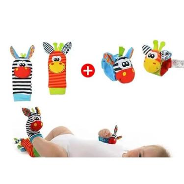 Imagem de Kit Meias e Munhequeiras com Chocalhos para Bebês – Combo Sensorial Educativo 4 Peças | Brinquedo Estimulante e Pacificador para Desenvolvimento Infantil (KIT A)