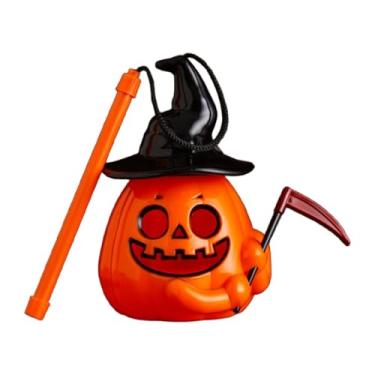 Imagem de WeiLaiKeQi Lanterna de abóbora de Halloween iluminada, luz amarela piscante, lâmpada portátil para pátio e casa, com Foice